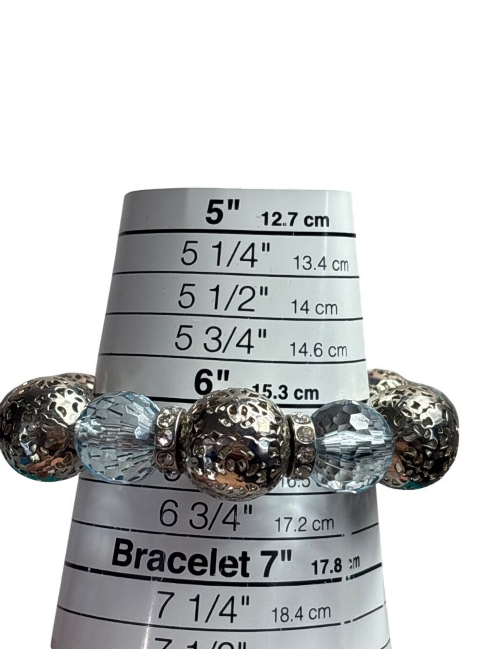 Silvertone Filigree Light Blue Faceted Plastic Rhinestone Stretchy Bracelet
